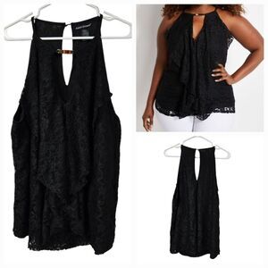 Ashley Stewart Size 18/20 Black Lace Ruffle Keyhole Bar Neck Top Plus 2x Frilly